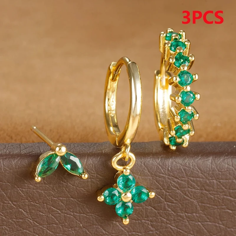 3-teiliges Creolen-Set aus Edelstahl mit mehrfarbigen Kristallen für Frauen, Zirkonia, 18 Karat vergoldet, Huggie-Anhänger, Piercingschmuck