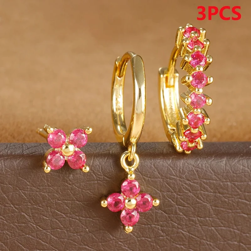 3-teiliges Creolen-Set aus Edelstahl mit mehrfarbigen Kristallen für Frauen, Zirkonia, 18 Karat vergoldet, Huggie-Anhänger, Piercingschmuck