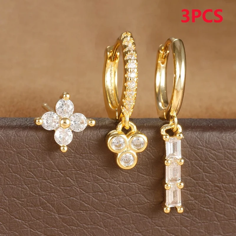3-teiliges Creolen-Set aus Edelstahl mit mehrfarbigen Kristallen für Frauen, Zirkonia, 18 Karat vergoldet, Huggie-Anhänger, Piercingschmuck