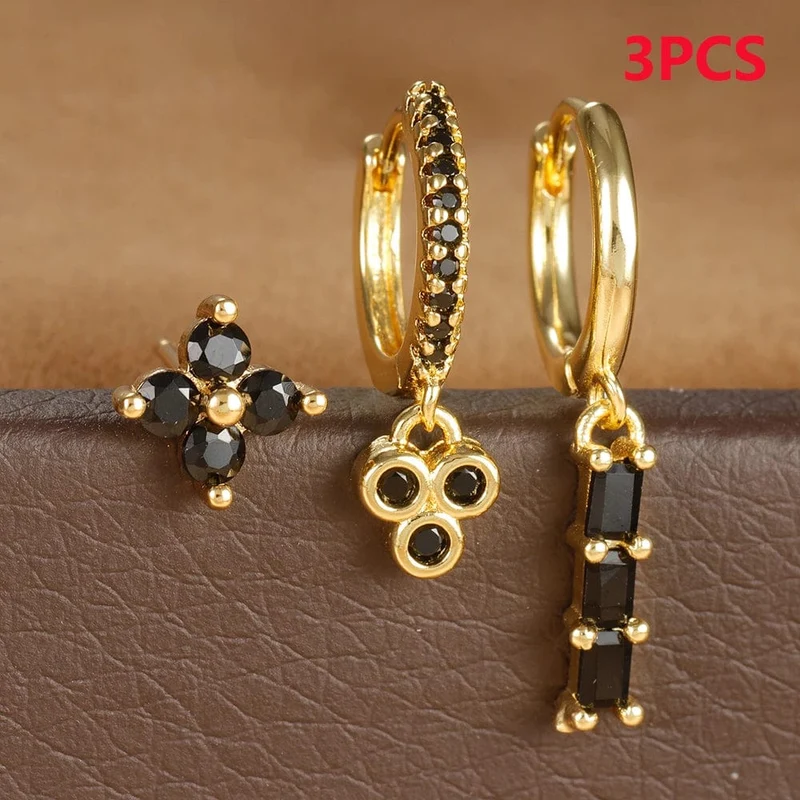 3-teiliges Creolen-Set aus Edelstahl mit mehrfarbigen Kristallen für Frauen, Zirkonia, 18 Karat vergoldet, Huggie-Anhänger, Piercingschmuck