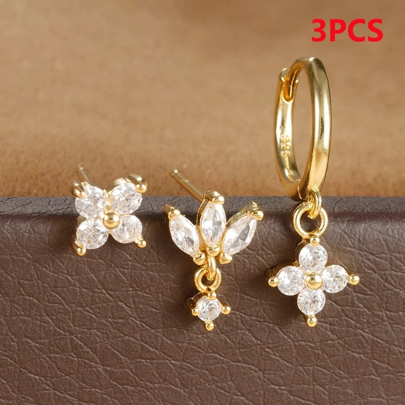 3-teiliges Creolen-Set aus Edelstahl mit mehrfarbigen Kristallen für Frauen, Zirkonia, 18 Karat vergoldet, Huggie-Anhänger, Piercingschmuck