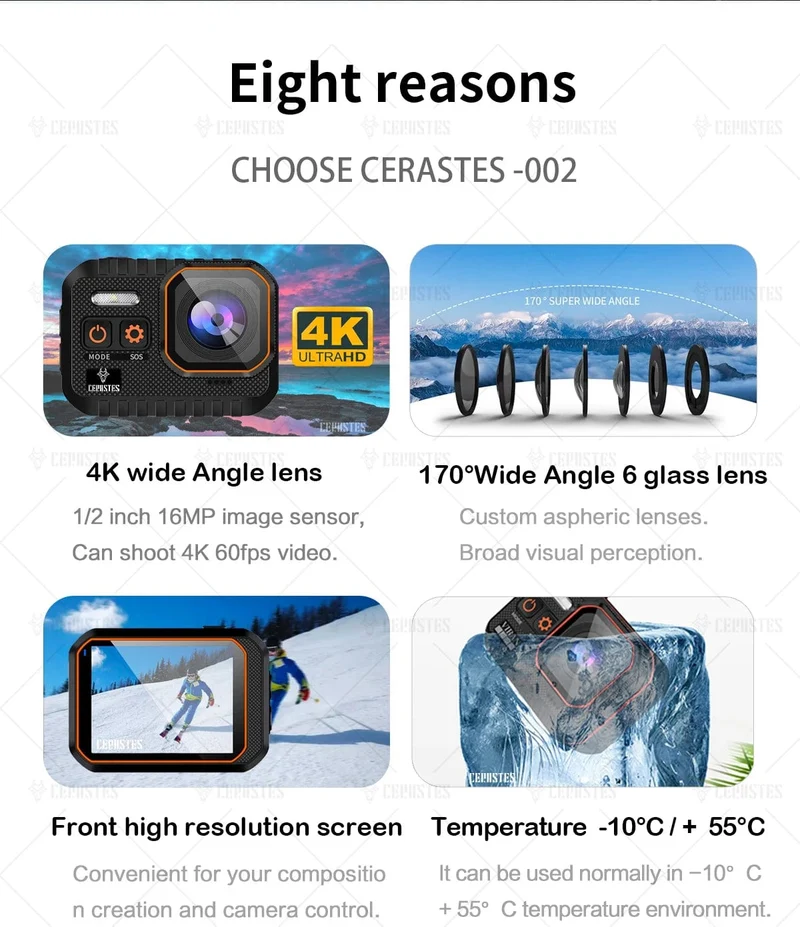 CERASTES Action Kamera 4K60FPS Mit Fernbedienung Bildschirm Wasserdichte Sport Kamera Drive Recorder Sport Kamera Helm Action Cam