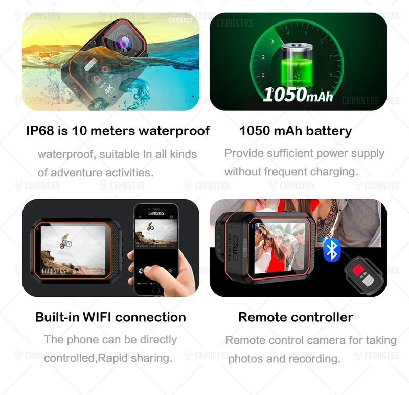 CERASTES Action Kamera 4K60FPS Mit Fernbedienung Bildschirm Wasserdichte Sport Kamera Drive Recorder Sport Kamera Helm Action Cam