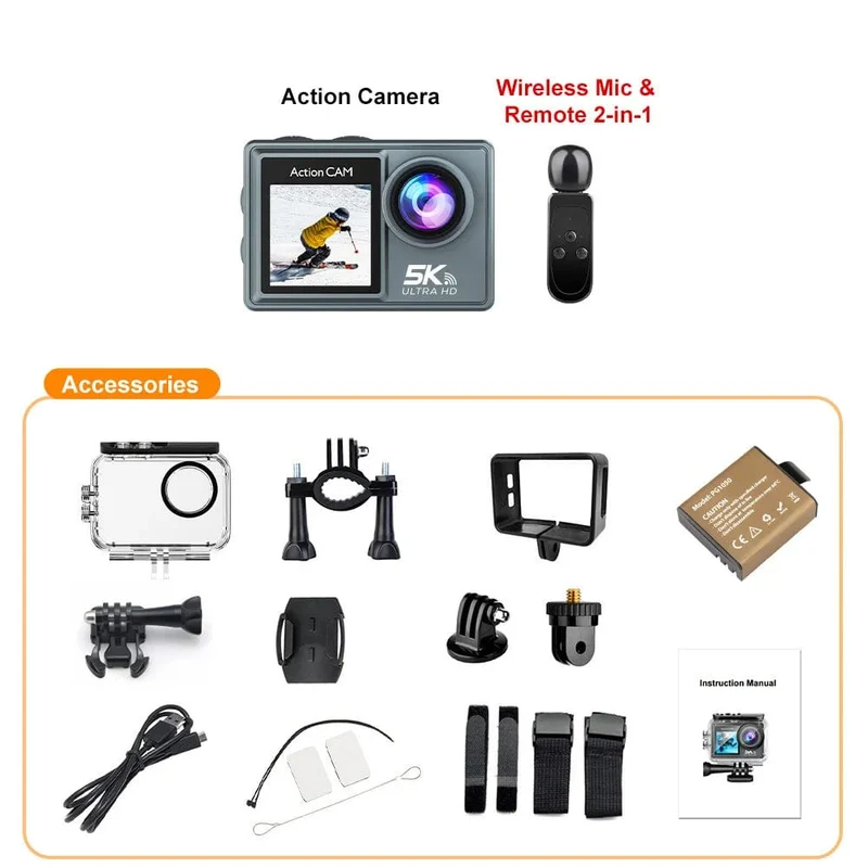 5K Action Kamera 4K60FPS Dual IPS Touch LCD WiFi 170 ° 30M Wasserdicht 5X Zoom Anti-Shake Sport Kamera mit Fernbedienung