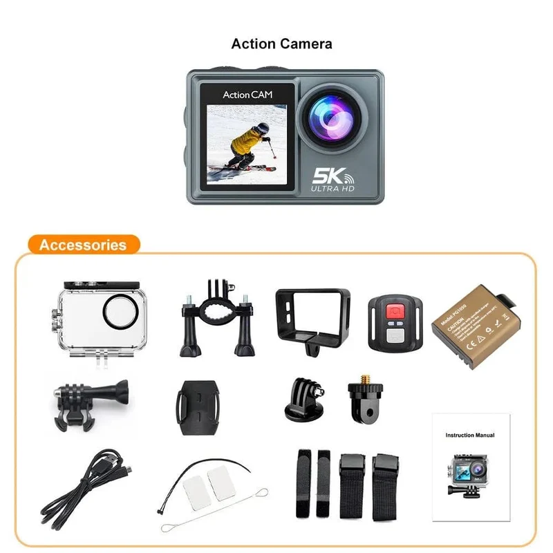 5K Action Kamera 4K60FPS Dual IPS Touch LCD WiFi 170 ° 30M Wasserdicht 5X Zoom Anti-Shake Sport Kamera mit Fernbedienung