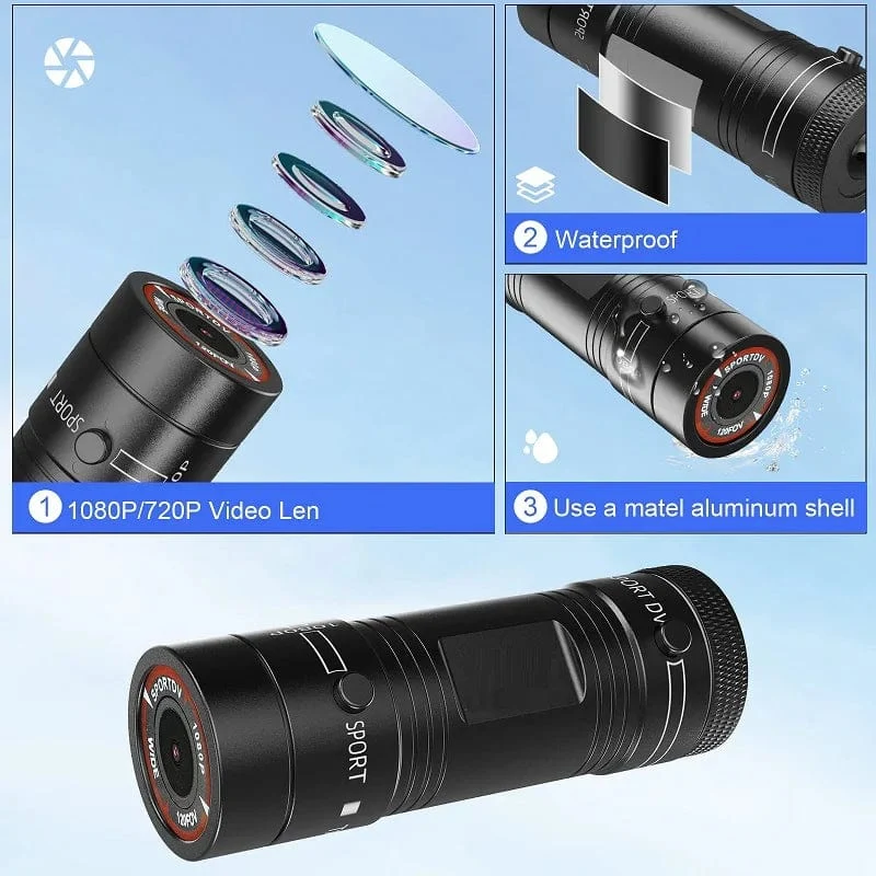 Mini-Sport-DV-Action-Sportkamera mit Taschenlampe, Helm, Full HD 1080P-Video, ideal für Fahrrad, Motorrad, wasserdichter Camcorder