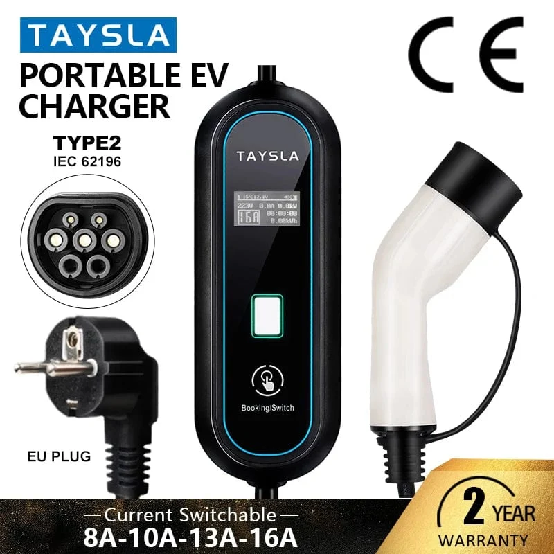 TAYSLA Haushaltsladegerät für Elektroautos, 16 A MAX, 220 V, tragbares EV-Ladegerät, Typ 2, IEC 62196, Ladekabel für Elektrofahrzeuge