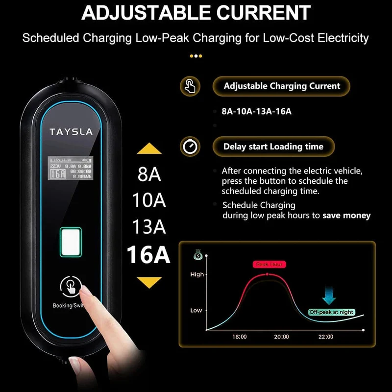 TAYSLA Haushaltsladegerät für Elektroautos, 16 A MAX, 220 V, tragbares EV-Ladegerät, Typ 2, IEC 62196, Ladekabel für Elektrofahrzeuge