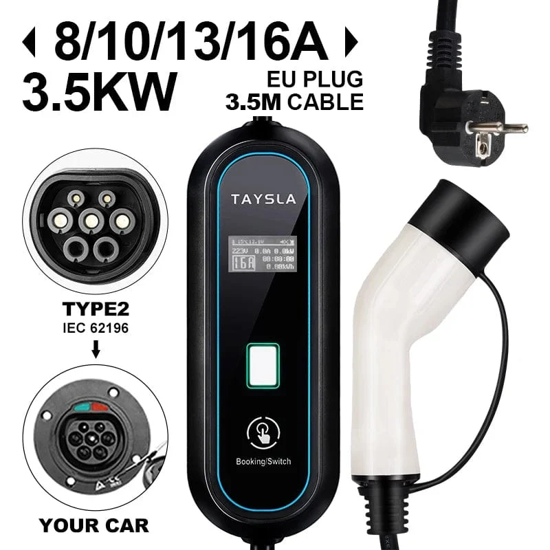 TAYSLA Haushaltsladegerät für Elektroautos, 16 A MAX, 220 V, tragbares EV-Ladegerät, Typ 2, IEC 62196, Ladekabel für Elektrofahrzeuge