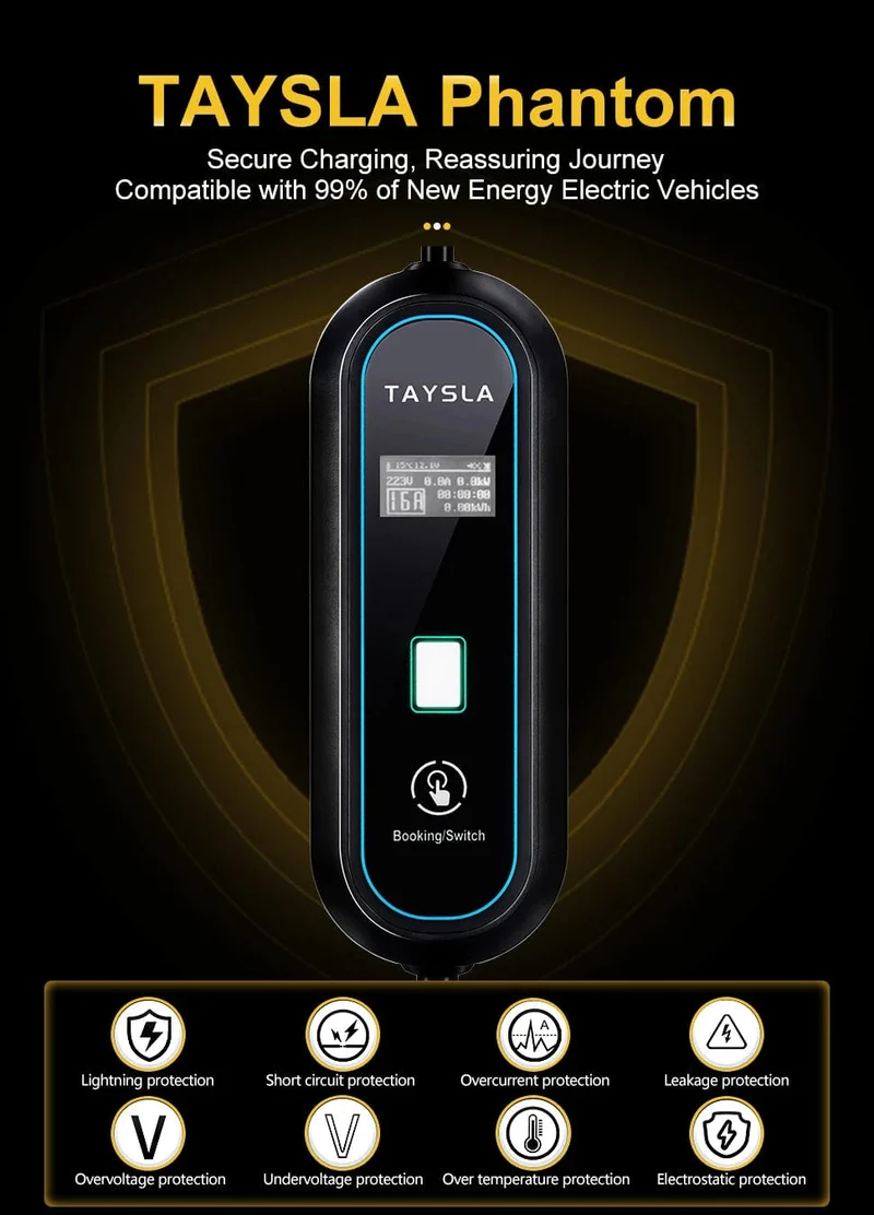 TAYSLA Haushaltsladegerät für Elektroautos, 16 A MAX, 220 V, tragbares EV-Ladegerät, Typ 2, IEC 62196, Ladekabel für Elektrofahrzeuge