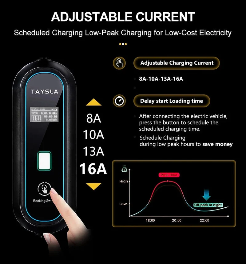 TAYSLA Haushaltsladegerät für Elektroautos, 16 A MAX, 220 V, tragbares EV-Ladegerät, Typ 2, IEC 62196, Ladekabel für Elektrofahrzeuge