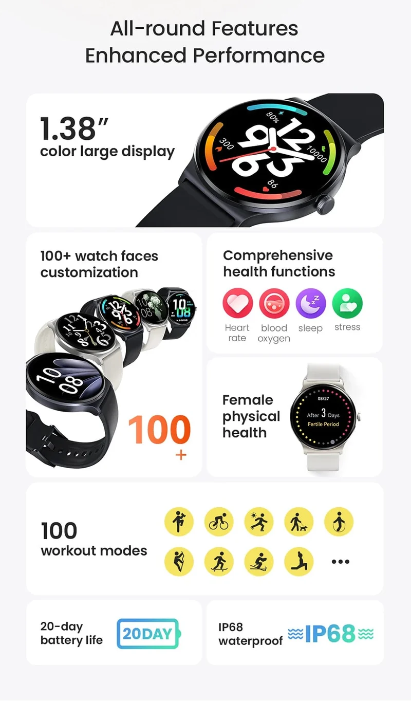 HAYLOU Solar Lite Smart Watch, über 100 Trainingsmodi, Smartwatch, Herzfrequenz, Blutsauerstoffüberwachung, Schlaf- und Stresstests, Sportuhr