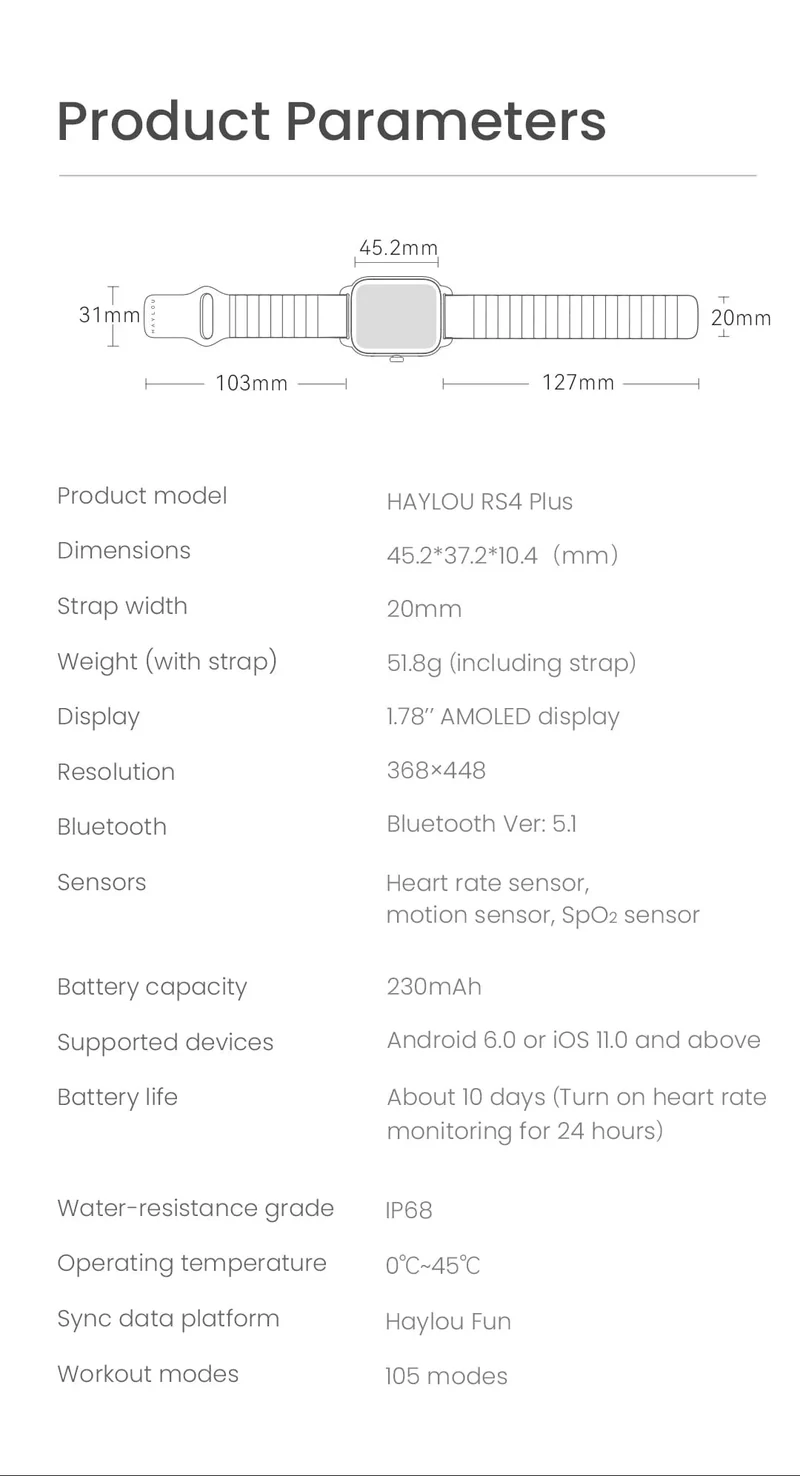 HAYLOU RS4 Plus Smartwatch 1.78'' AMOLED-Display 105 Sportmodi 10 Tage Akkulaufzeit Smart Watch SpO₂ Herzfrequenz Schlafmonitor