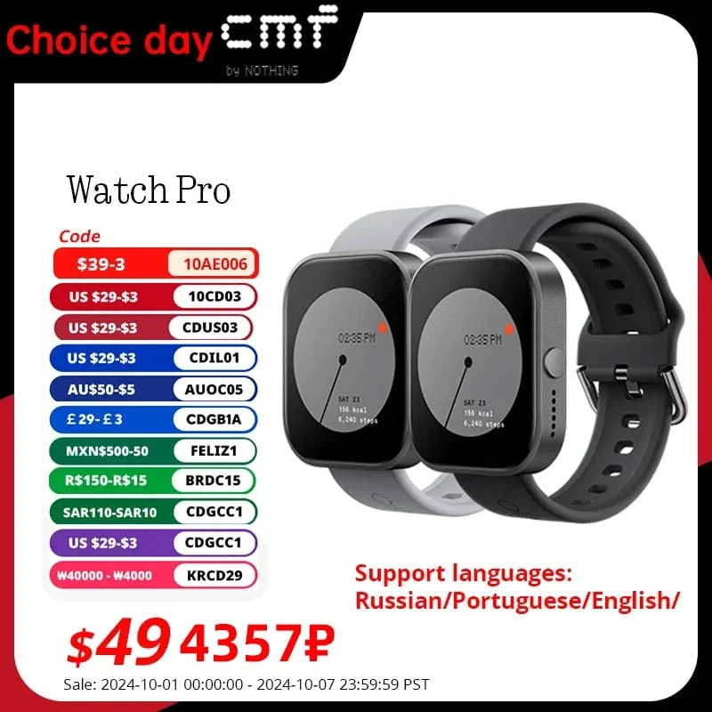 Globale Version CMF von Nothing Watch Pro 1.96" AMOLED Bluetooth 5.3 BT-Anrufe mit AI-Rauschunterdrückung GPS-Smartwatch CMF Watch Pro