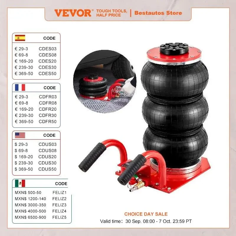 VEVOR Luftheber mit dreifacher Luftpolstertasche, 3 Tonnen (6600 lbs) Tragkraft, tragbare pneumatische Wagenheber, strapazierfähig und schnell hebend, für die Autoreparatur in der Garage