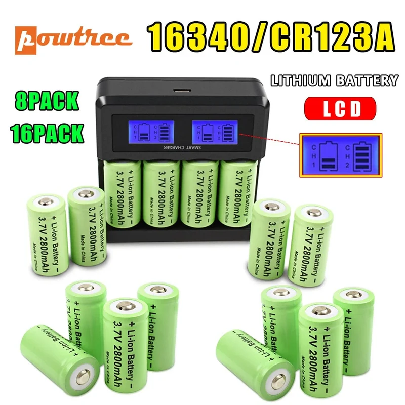 Powtree 16P 2800 mAh Wiederaufladbare 3.7 V Li-Ionen-Batterien 16340 CR123A RCR 123 ICR für LED-Taschenlampe, Reise-Wandladegerät