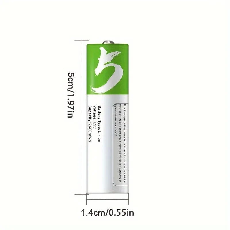 Hochkapazitiver 1.5 V AA 2600 mWh Lithium-Ionen-Akku über USB aufladbar für Fernbedienung, Maus, kleinen Ventilator, Akku für elektrisches Spielzeug + Kabel