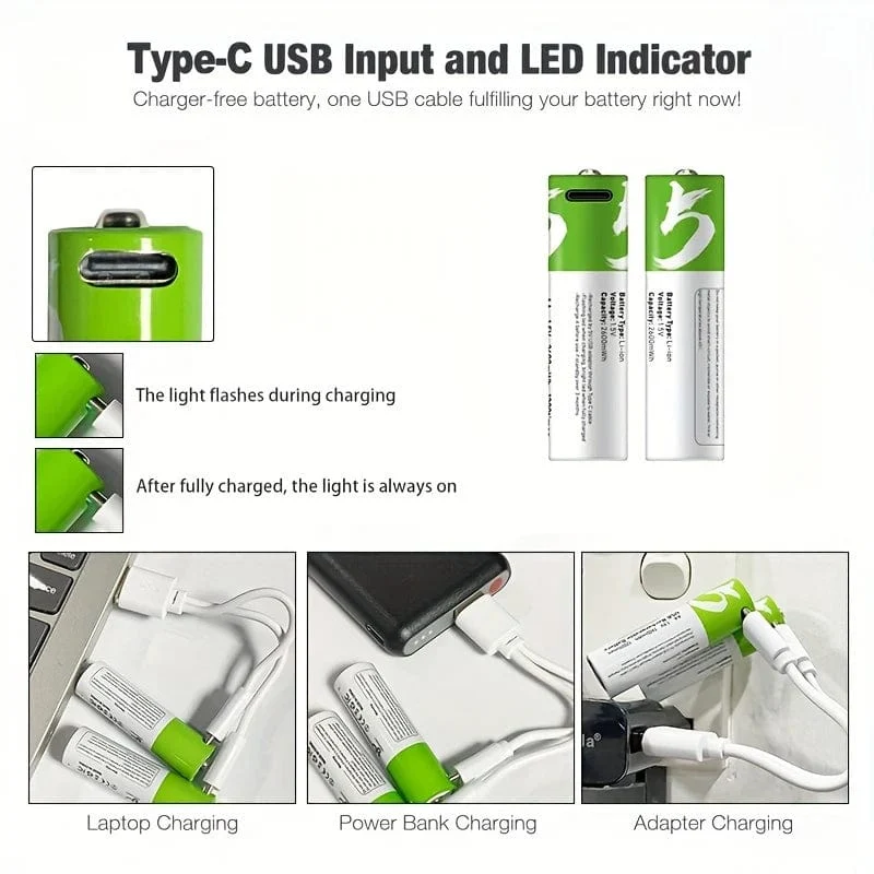 Hochkapazitiver 1.5 V AA 2600 mWh Lithium-Ionen-Akku über USB aufladbar für Fernbedienung, Maus, kleinen Ventilator, Akku für elektrisches Spielzeug + Kabel