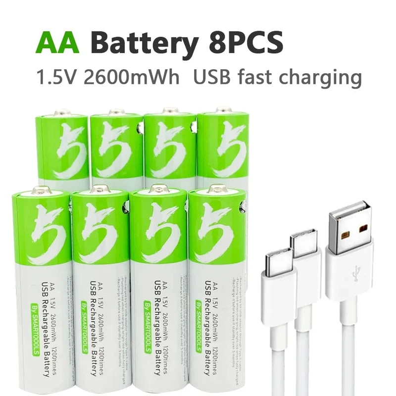 Hochkapazitiver 1.5 V AA 2600 mWh Lithium-Ionen-Akku über USB aufladbar für Fernbedienung, Maus, kleinen Ventilator, Akku für elektrisches Spielzeug + Kabel