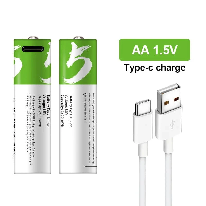Hochkapazitiver 1.5 V AA 2600 mWh Lithium-Ionen-Akku über USB aufladbar für Fernbedienung, Maus, kleinen Ventilator, Akku für elektrisches Spielzeug + Kabel
