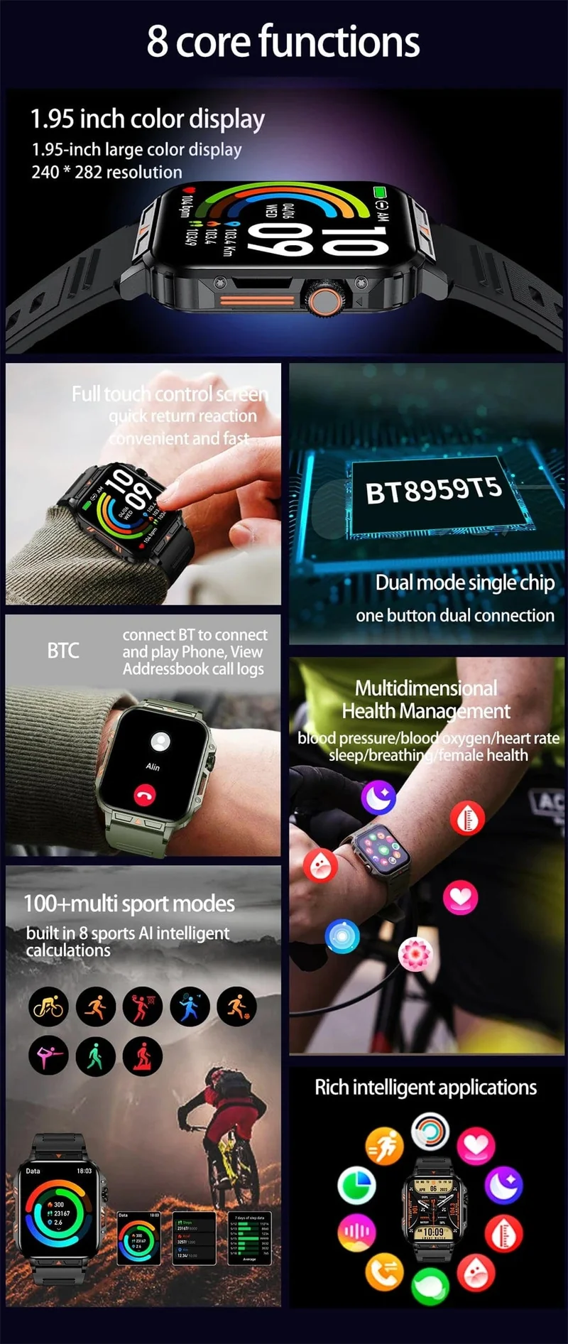 2024 Neue 1.95 Outdoor Military Man Smart Watch Männer Bluetooth Anruf Smartwatch Männer für Android IOS IP68 wasserdichte Fitnessuhren