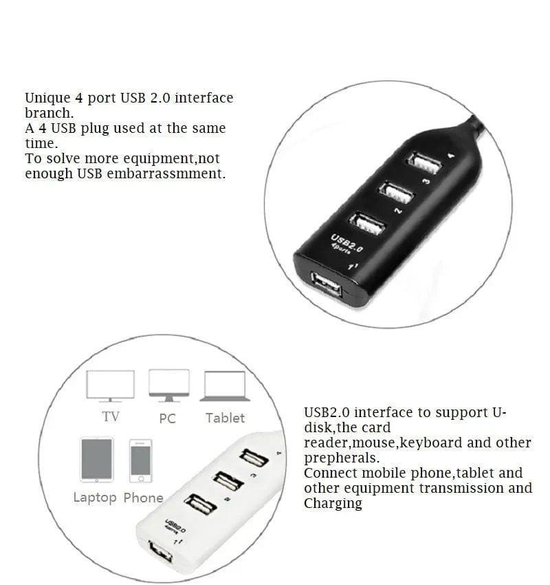Tragbarer 4-Port-Multi-USB-Hub-Splitter, Hochgeschwindigkeits-USB 2.0-Mehrfach-Expander-Adapter für PC-Laptop-Notebook-Computerzubehör