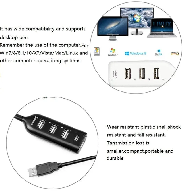Tragbarer 4-Port-Multi-USB-Hub-Splitter, Hochgeschwindigkeits-USB 2.0-Mehrfach-Expander-Adapter für PC-Laptop-Notebook-Computerzubehör