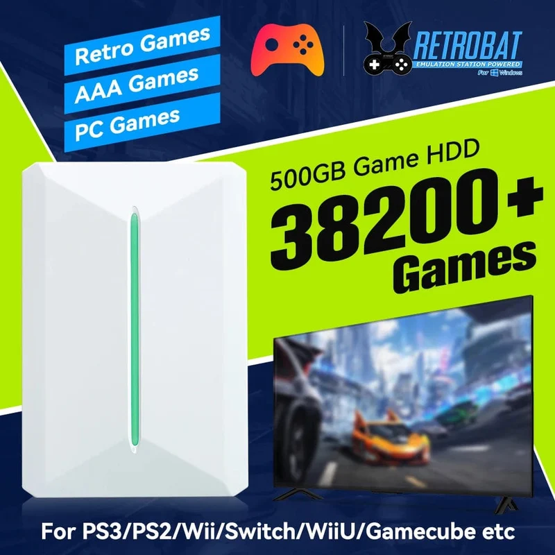 Retrobat & Playnite Retro-Spielekonsole, 500 GB Gaming-Festplatte für PS3/PS2/Switch/Wii/WiiU für PC/Laptop mit über 38200 Retro-/AAA-/PC-Spielen