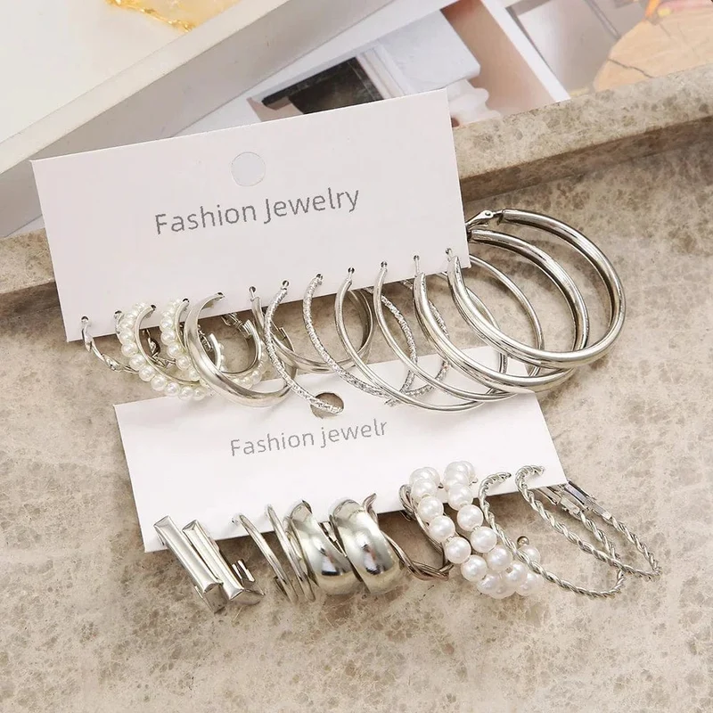 Vintage Silber Farbe Y2K Perle Ohrringe für Frauen Geometrie Runde Kreis Quadrat Hoop Ohrring Set Mode Weibliche Schmuck Zubehör
