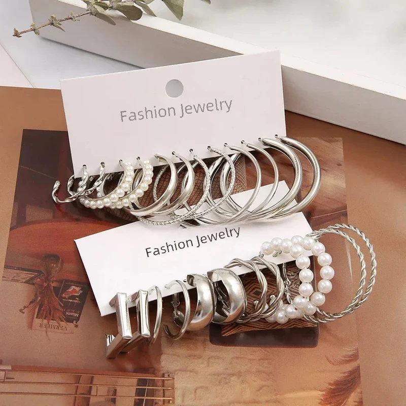 Vintage Silber Farbe Y2K Perle Ohrringe für Frauen Geometrie Runde Kreis Quadrat Hoop Ohrring Set Mode Weibliche Schmuck Zubehör