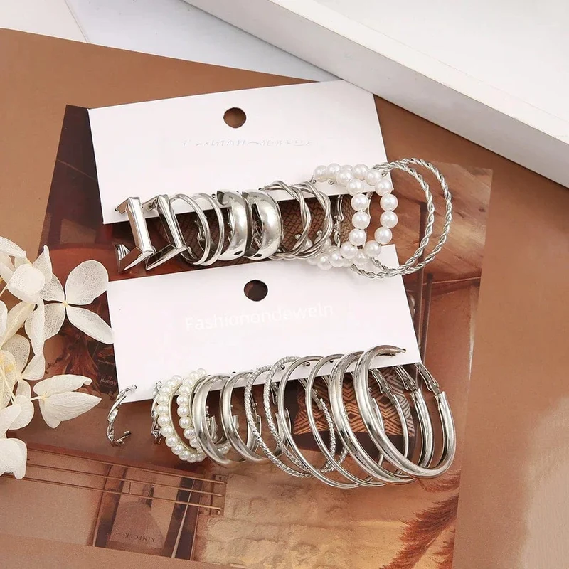 Vintage Silber Farbe Y2K Perle Ohrringe für Frauen Geometrie Runde Kreis Quadrat Hoop Ohrring Set Mode Weibliche Schmuck Zubehör