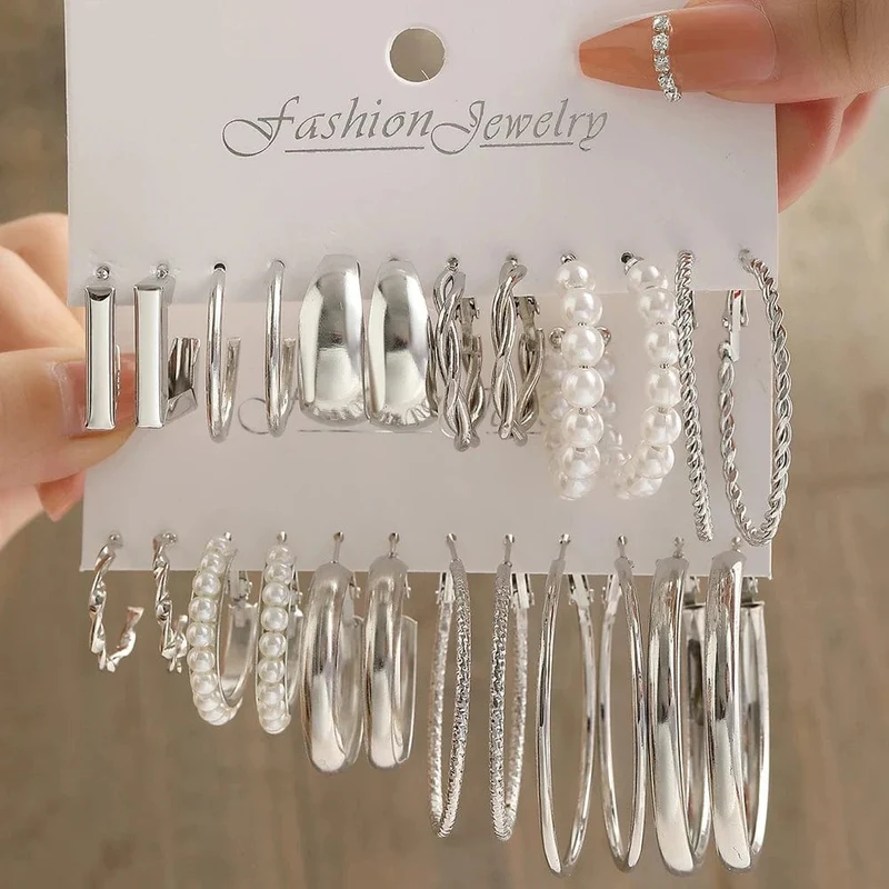 Vintage Silber Farbe Y2K Perle Ohrringe für Frauen Geometrie Runde Kreis Quadrat Hoop Ohrring Set Mode Weibliche Schmuck Zubehör
