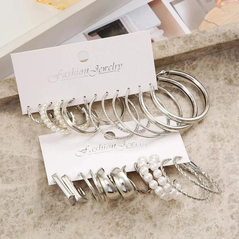 Vintage Silber Farbe Y2K Perle Ohrringe für Frauen Geometrie Runde Kreis Quadrat Hoop Ohrring Set Mode Weibliche Schmuck Zubehör