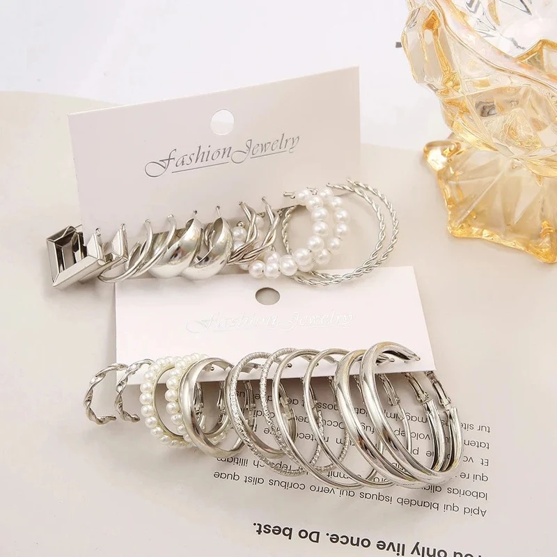 Vintage Silber Farbe Y2K Perle Ohrringe für Frauen Geometrie Runde Kreis Quadrat Hoop Ohrring Set Mode Weibliche Schmuck Zubehör