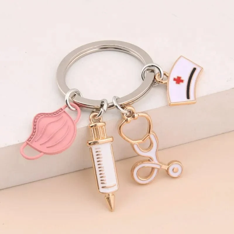 Neuer Arzt Schlüsselanhänger Medizinisches Werkzeug Schlüsselanhänger Injektionsspritze Stethoskop Krankenschwester Kappe Schlüsselanhänger Medico Geschenk DIY Schmuck Handarbeit