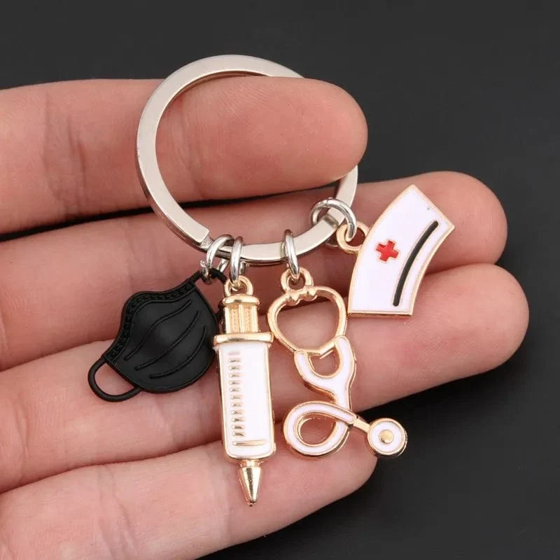 Neuer Arzt Schlüsselanhänger Medizinisches Werkzeug Schlüsselanhänger Injektionsspritze Stethoskop Krankenschwester Kappe Schlüsselanhänger Medico Geschenk DIY Schmuck Handarbeit