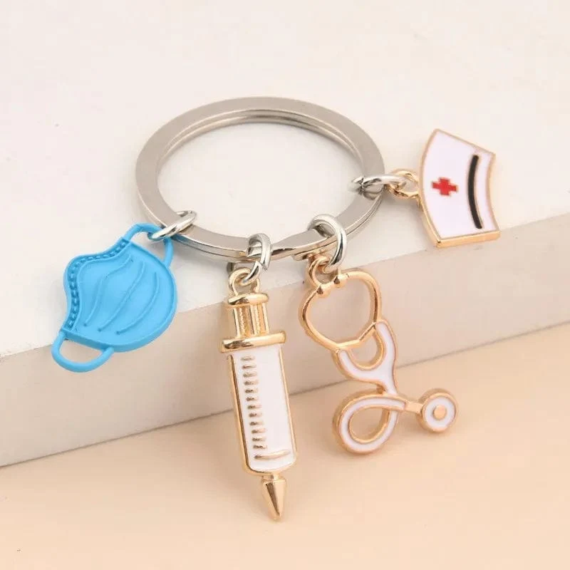 Neuer Arzt Schlüsselanhänger Medizinisches Werkzeug Schlüsselanhänger Injektionsspritze Stethoskop Krankenschwester Kappe Schlüsselanhänger Medico Geschenk DIY Schmuck Handarbeit