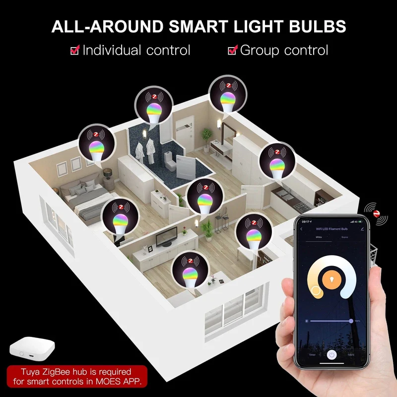MOES 1-9PCS 9W AC90-240V Tuya ZigBee Smart LED Glühbirne RGB E27 Dimmbare APP Fernbedienung Alexa Google Home Sprachsteuerung