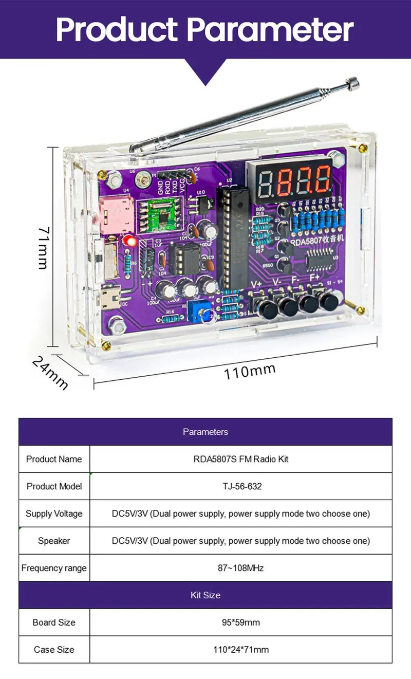 DIY FM-Radio-Elektronikbausatz, einstellbare Frequenz 87-108 MHz, Digitalanzeige, DIY-Lötprojekt, Übungslötset RDA5807S