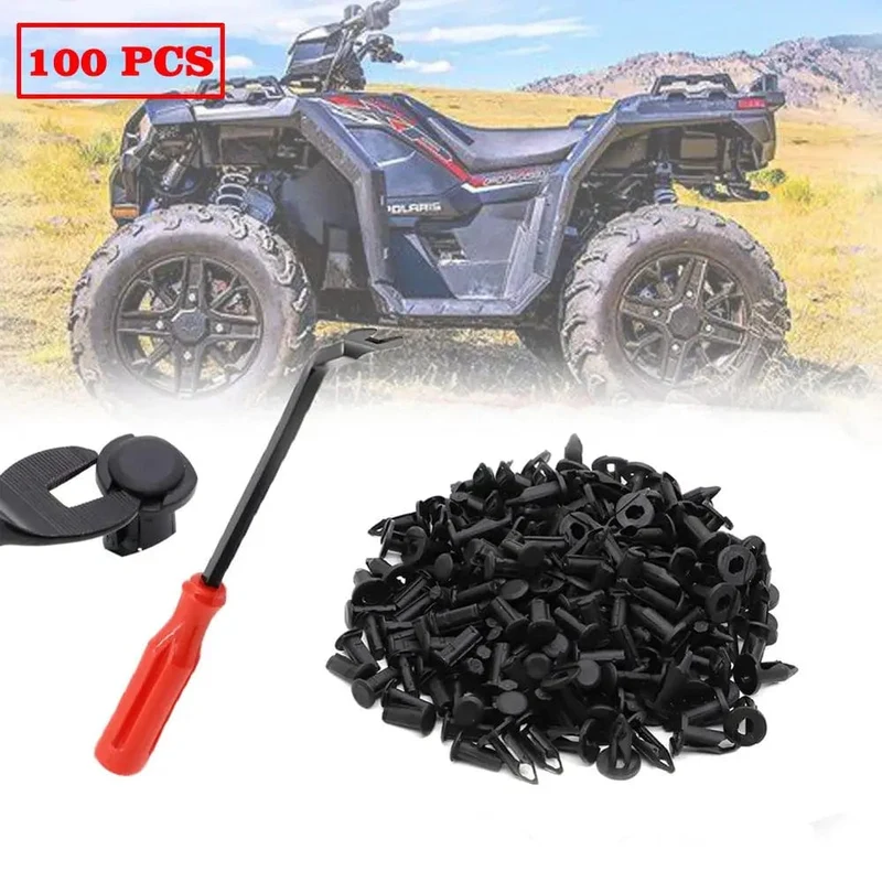 100 x UTV ATV Kunststoff-Kotflügelclips Karosserienieten mit Verschlussentferner für Polaris Predator Rangers RZR Scrambler Sportsman