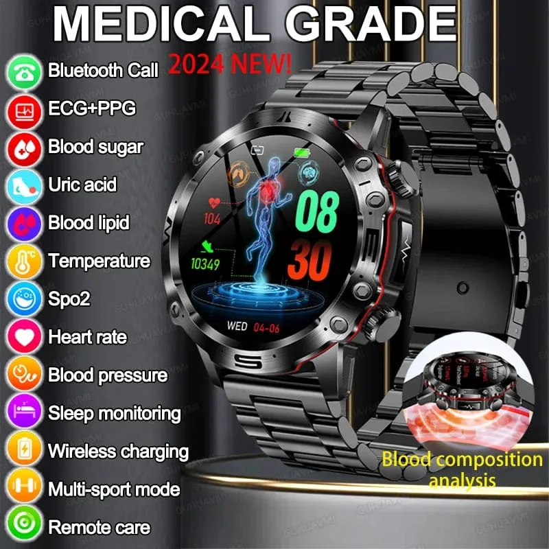 Neue Smartwatch für Männer mit gesundem Blutfettwert, Harnsäure, Blutzucker, EKG + PPG, Fitness-Tracker, Uhr, Bluetooth-Anruf, Sport-Smartwatch