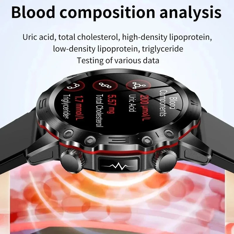 Neue Smartwatch für Männer mit gesundem Blutfettwert, Harnsäure, Blutzucker, EKG + PPG, Fitness-Tracker, Uhr, Bluetooth-Anruf, Sport-Smartwatch