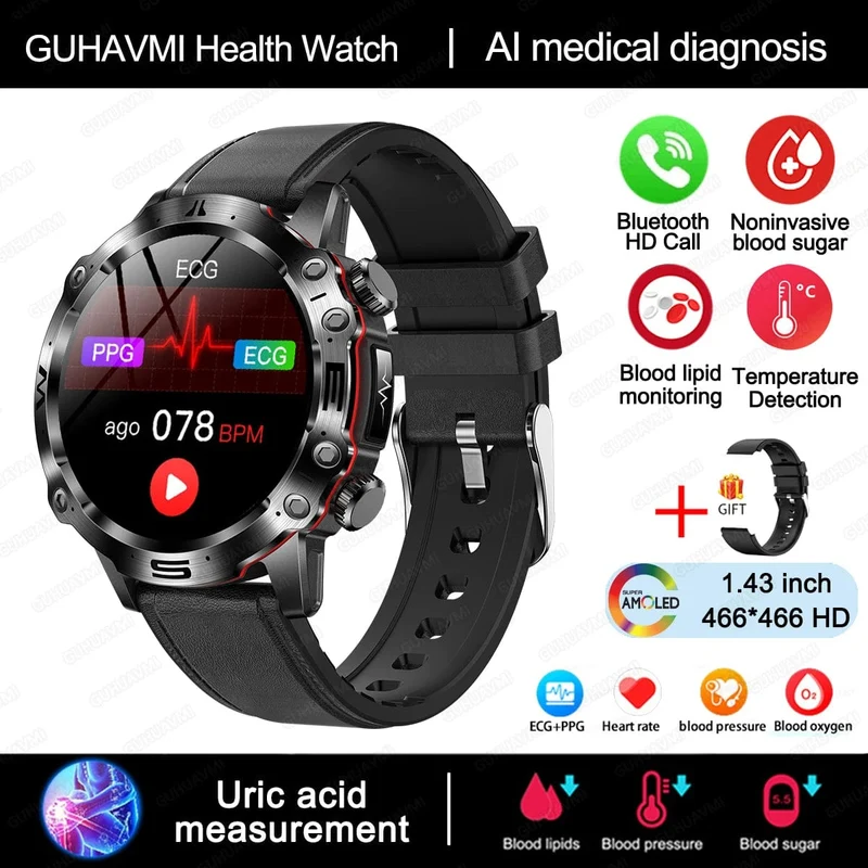 Neue Smartwatch für Männer mit gesundem Blutfettwert, Harnsäure, Blutzucker, EKG + PPG, Fitness-Tracker, Uhr, Bluetooth-Anruf, Sport-Smartwatch