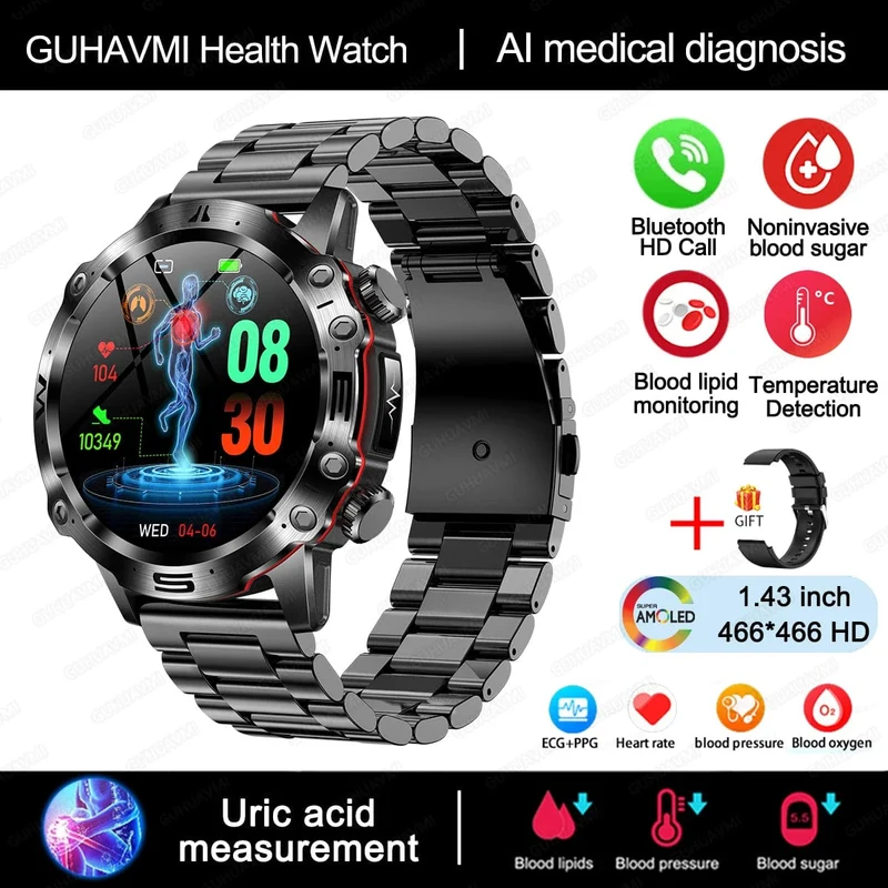 Neue Smartwatch für Männer mit gesundem Blutfettwert, Harnsäure, Blutzucker, EKG + PPG, Fitness-Tracker, Uhr, Bluetooth-Anruf, Sport-Smartwatch