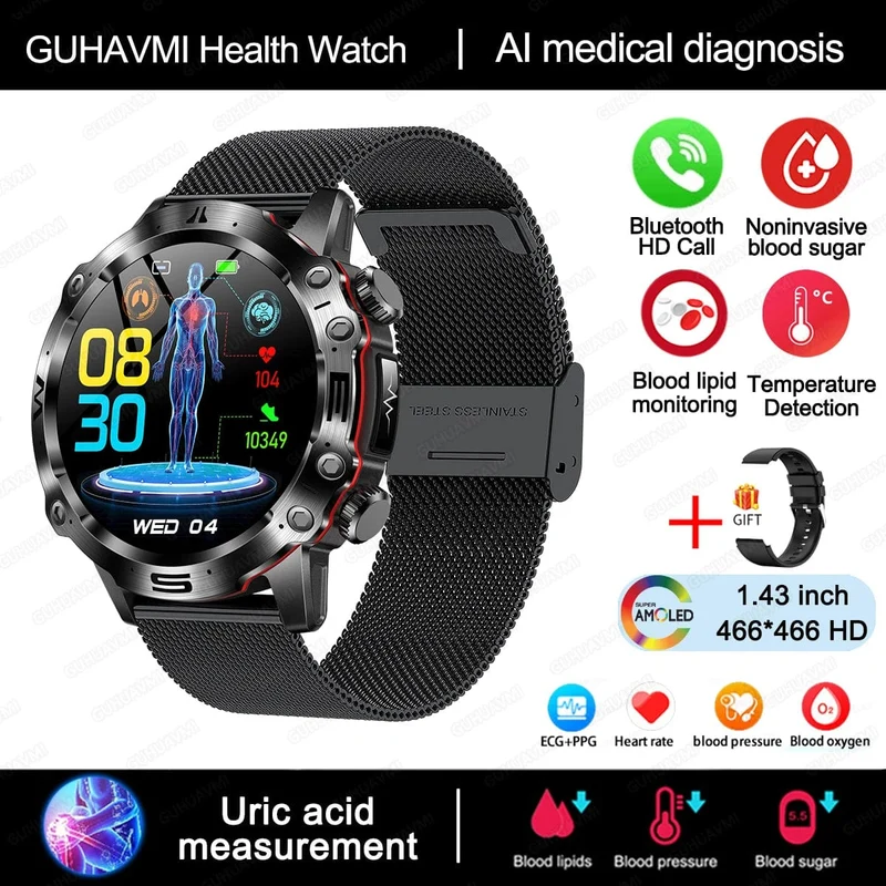Neue Smartwatch für Männer mit gesundem Blutfettwert, Harnsäure, Blutzucker, EKG + PPG, Fitness-Tracker, Uhr, Bluetooth-Anruf, Sport-Smartwatch
