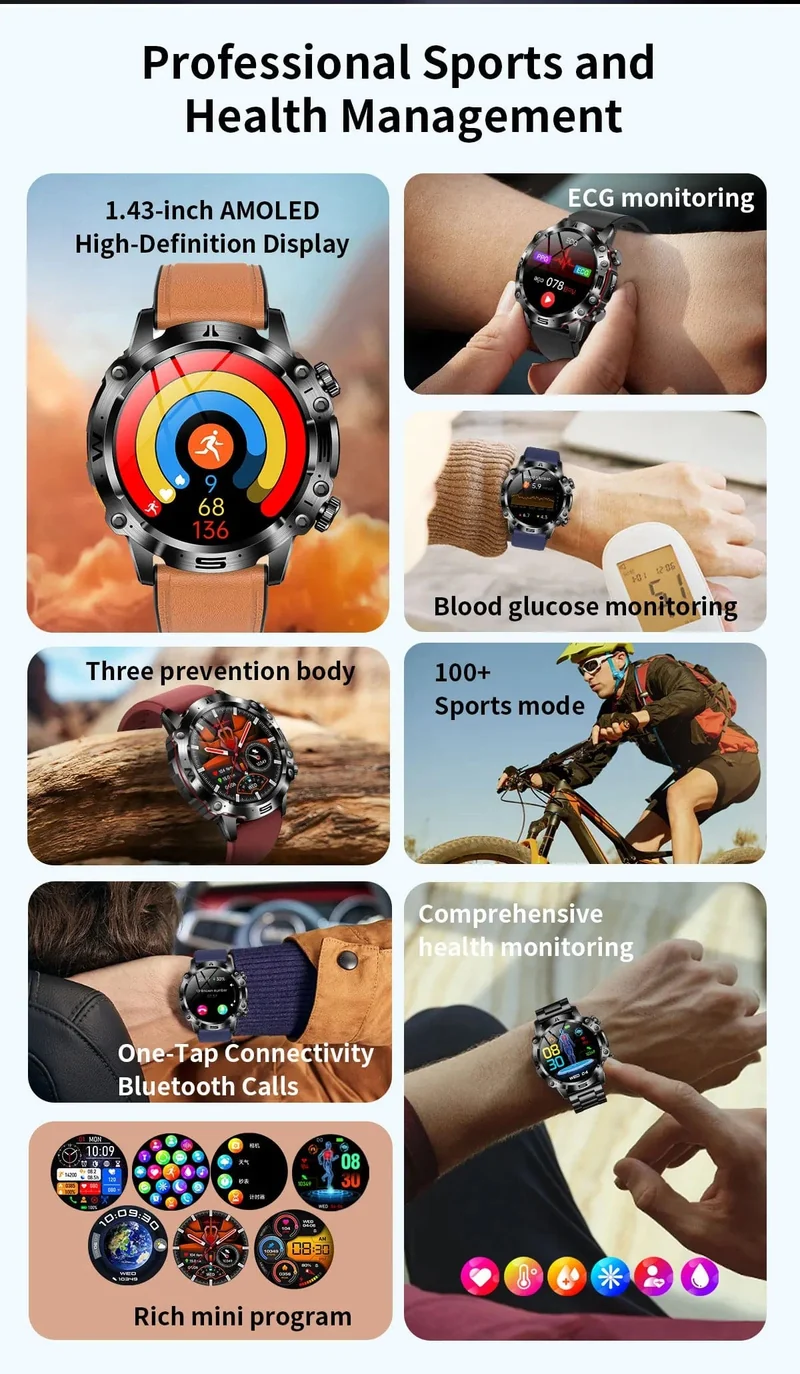 Neue Smartwatch für Männer mit gesundem Blutfettwert, Harnsäure, Blutzucker, EKG + PPG, Fitness-Tracker, Uhr, Bluetooth-Anruf, Sport-Smartwatch
