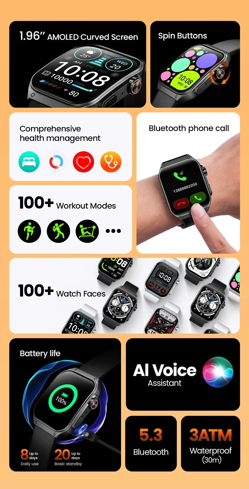 HAYLOU Watch S8 Smartwatch 1.96 Zoll AMOLED Curved Screen BT5.3 Bluetooth Call AI Voice Assistant 20 Tage Smartwatches für Herren