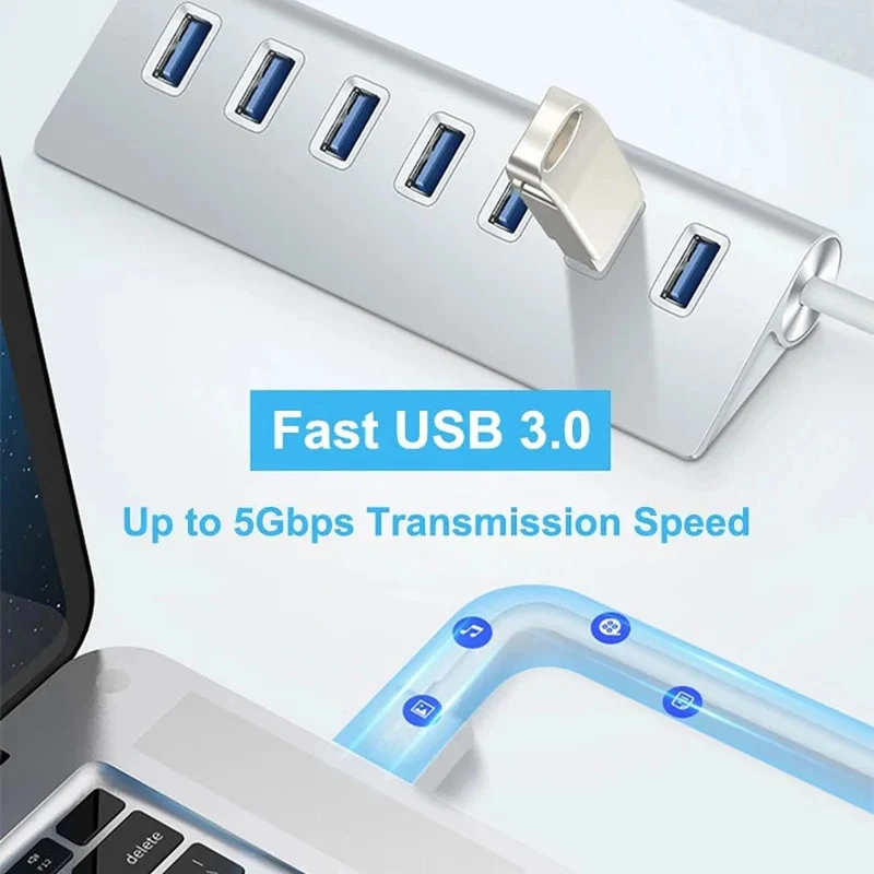 USB 3.0 HUB aus Aluminiumlegierung, 7 Anschlüsse, Hochgeschwindigkeits-Multi-Splitter-Adapter, bis zu 5 Gbit/s, Dockingstation-Expander für Laptop-Computer-PC
