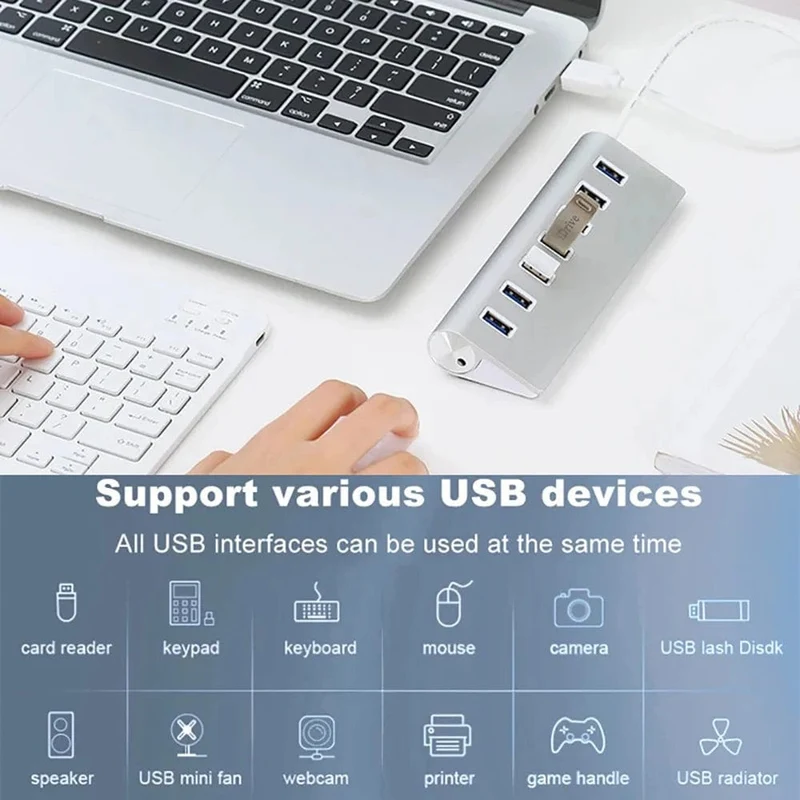 USB 3.0 HUB aus Aluminiumlegierung, 7 Anschlüsse, Hochgeschwindigkeits-Multi-Splitter-Adapter, bis zu 5 Gbit/s, Dockingstation-Expander für Laptop-Computer-PC