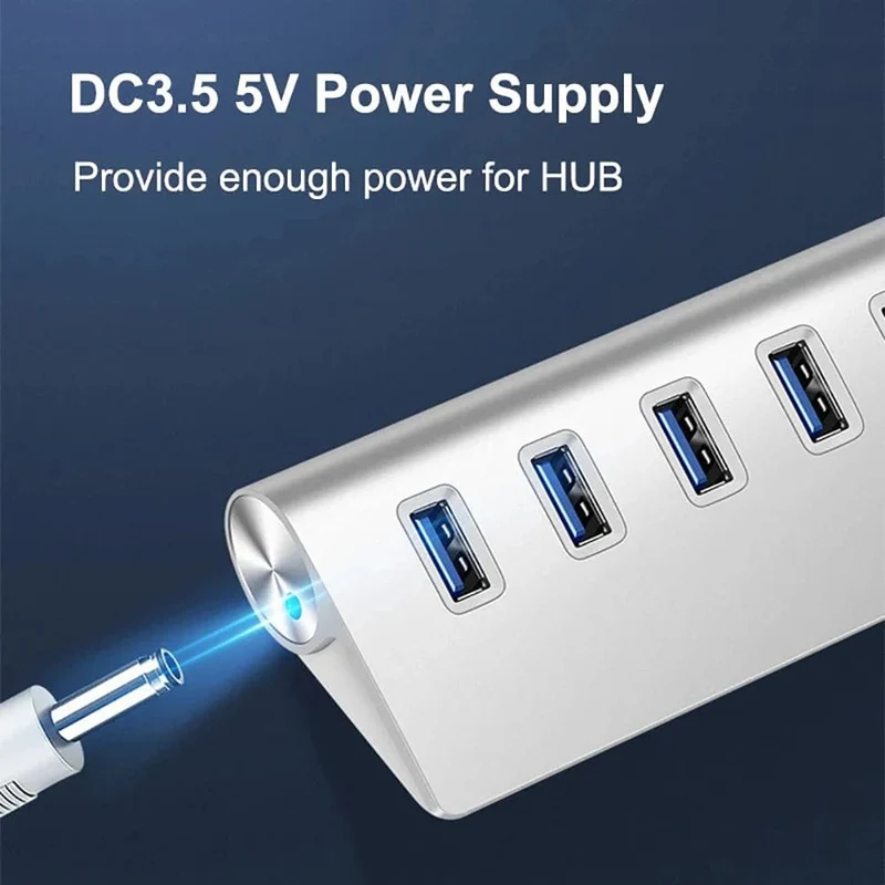 USB 3.0 HUB aus Aluminiumlegierung, 7 Anschlüsse, Hochgeschwindigkeits-Multi-Splitter-Adapter, bis zu 5 Gbit/s, Dockingstation-Expander für Laptop-Computer-PC